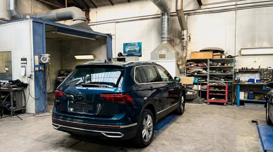 Atelier de réparation automobile avec deux techniciens en combinaison bleue remplaçant un pare-brise fissuré